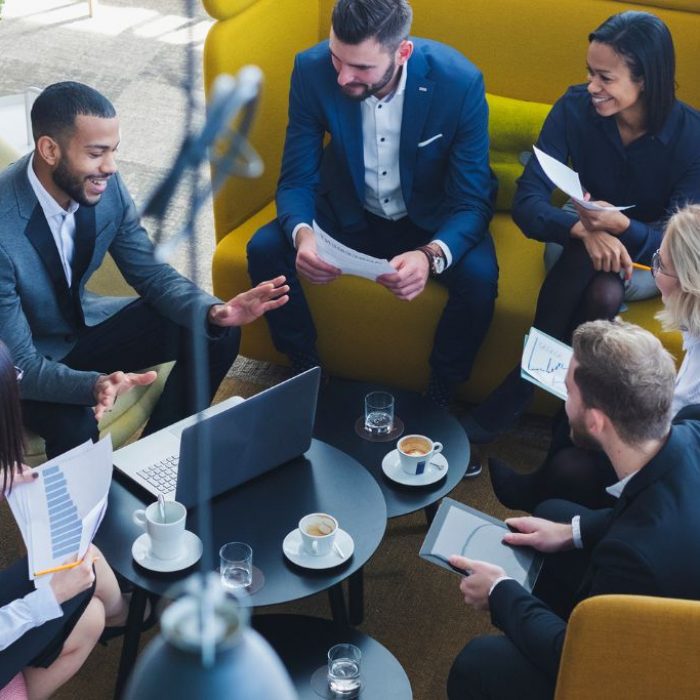 a group of dynamic male and female professionals in a collaborative meeting in a modern office